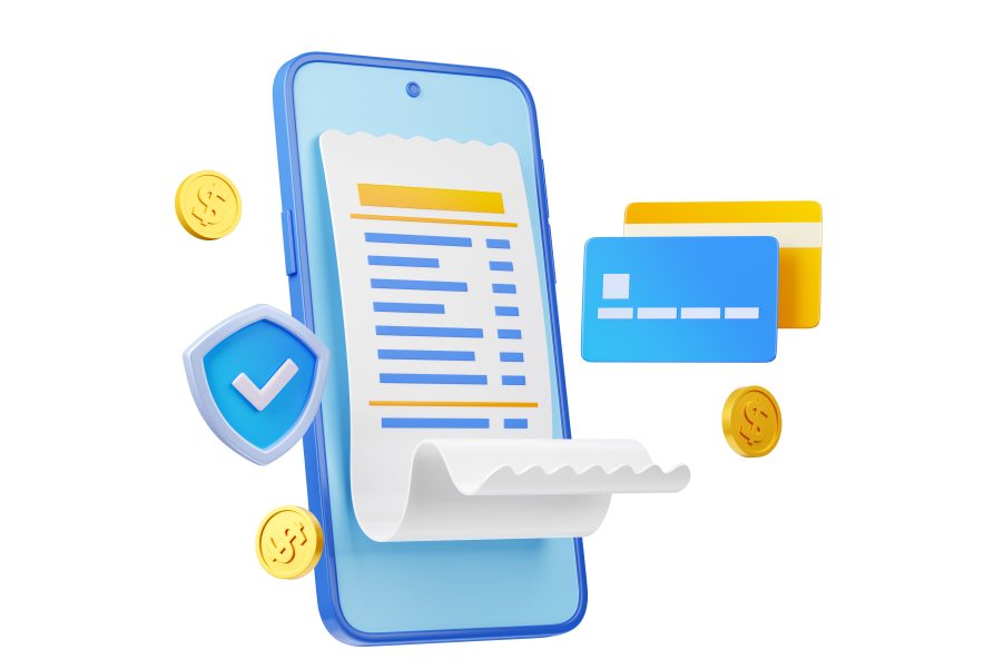 Online payment security concept with mobile phone, bank cards, bill, gold coins and shield with check mark. Safe financial transfer with smartphone, credit cards and receipt, 3d render illustration